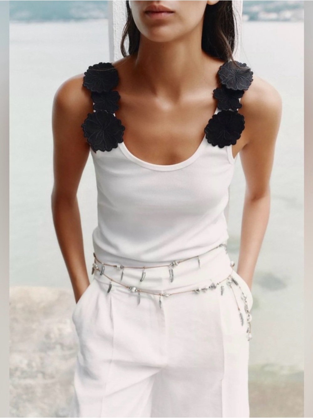 ZARA White Tank Top with Black Floral Strap Detail small